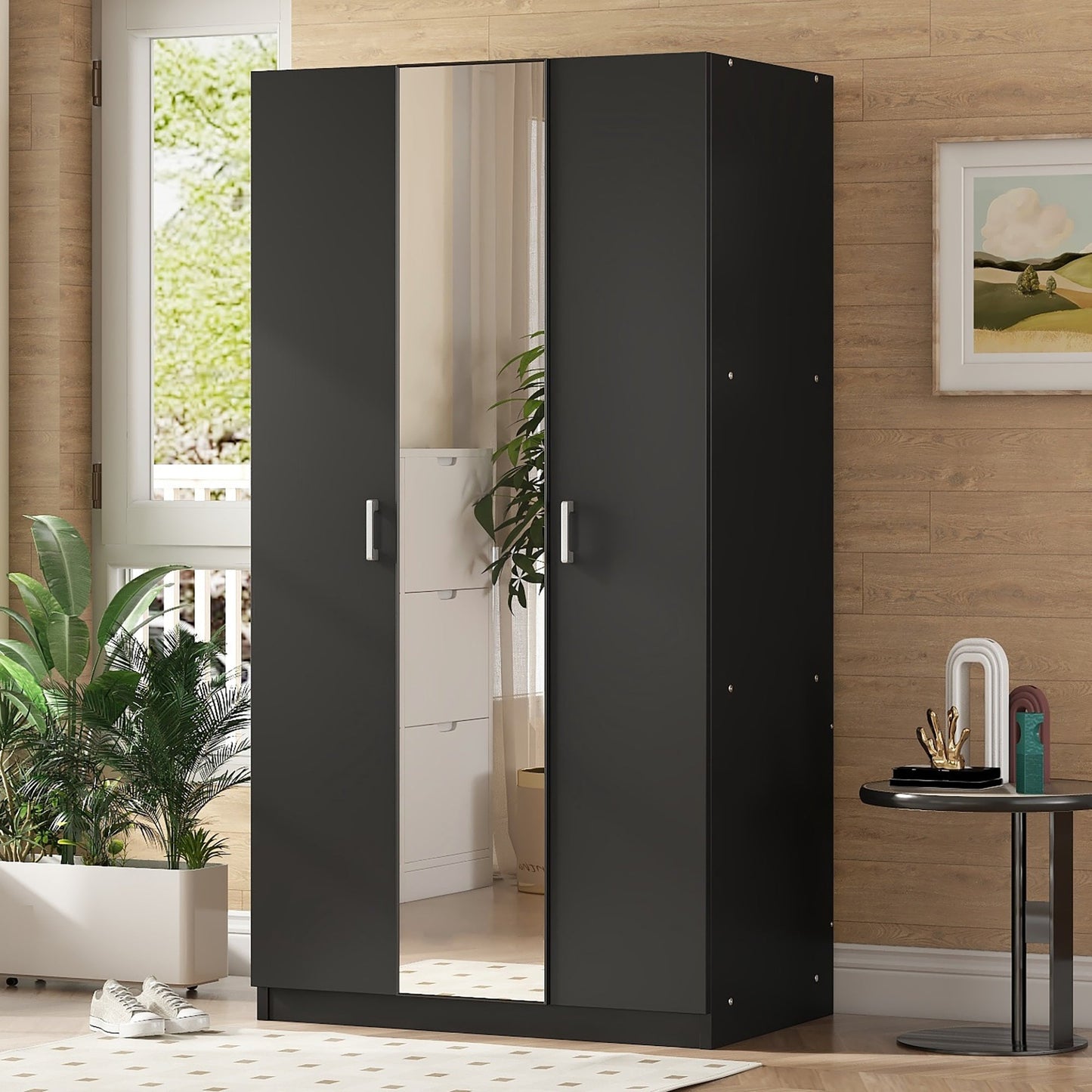 Elegant 3-Door Wardrobe with Mirror and Shelves in Black