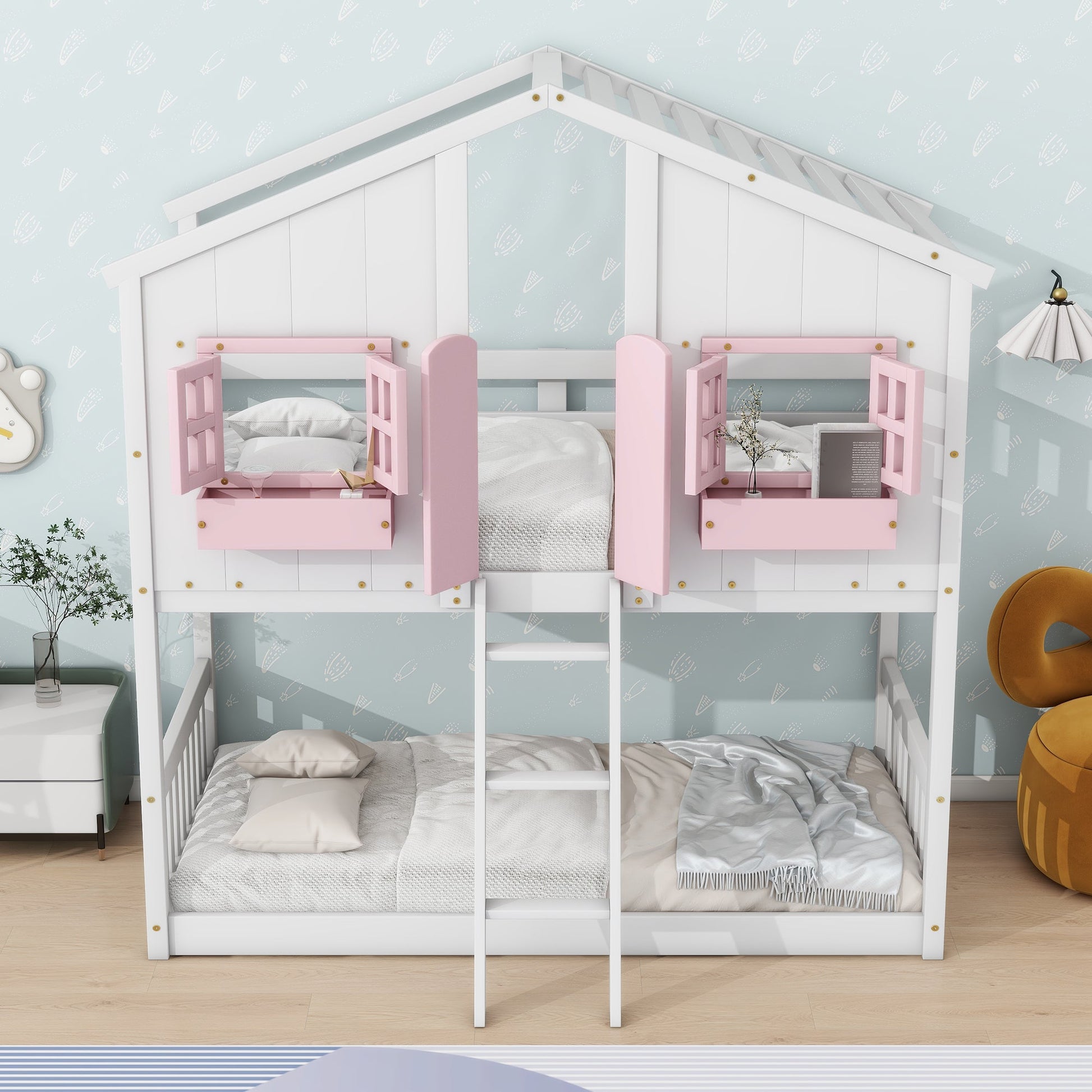 Twin over Twin House Bunk Bed with Roof , Window, Window Box, Door , with Safety Guardrails and Ladder, Pink/White - Korvel