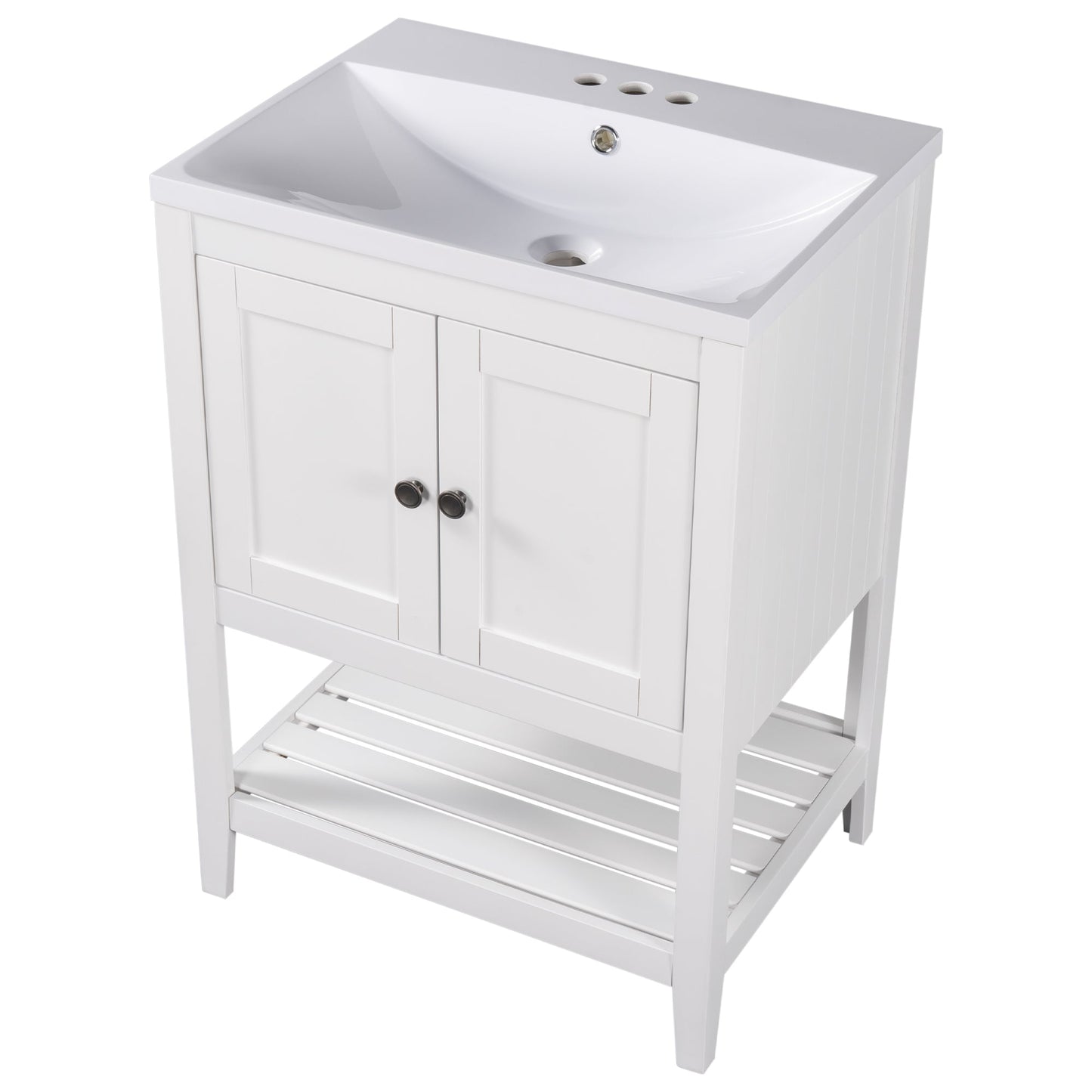 24" White Modern Sleek Bathroom Vanity Elegant Ceramic Sink with Solid Wood Frame Open Style Shelf - Korvel