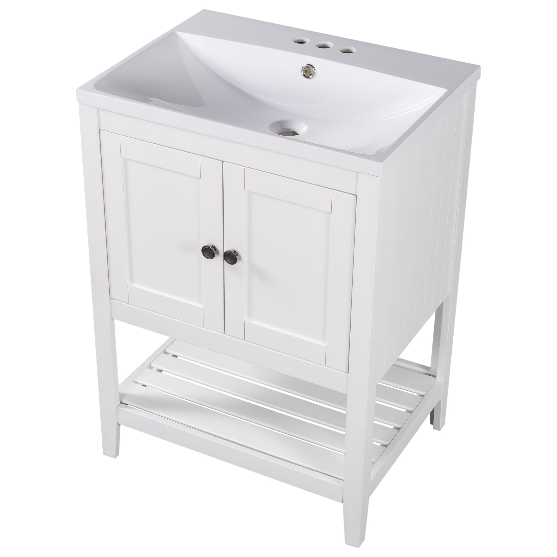 24" White Modern Sleek Bathroom Vanity Elegant Ceramic Sink with Solid Wood Frame Open Style Shelf - Korvel