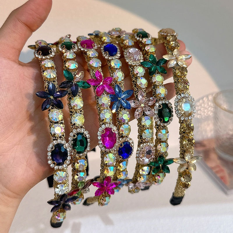 Crystal flower set with colorful glass diamond fine edge hair hoop - Korvel
