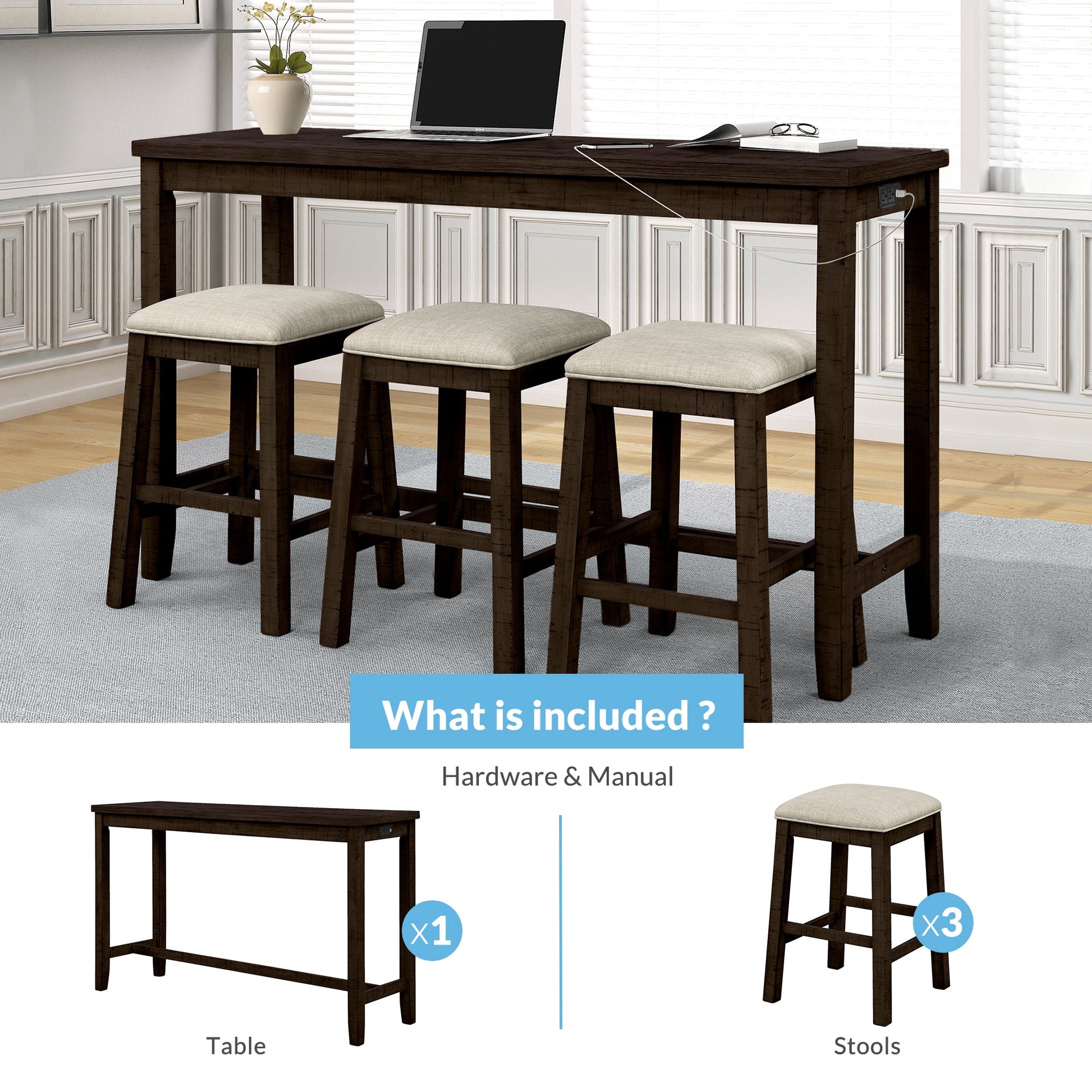 TOPMAX 4 Pieces Counter Height Table with Fabric Padded Stools, Rustic Bar Dining Set with Socket, Brown - Korvel