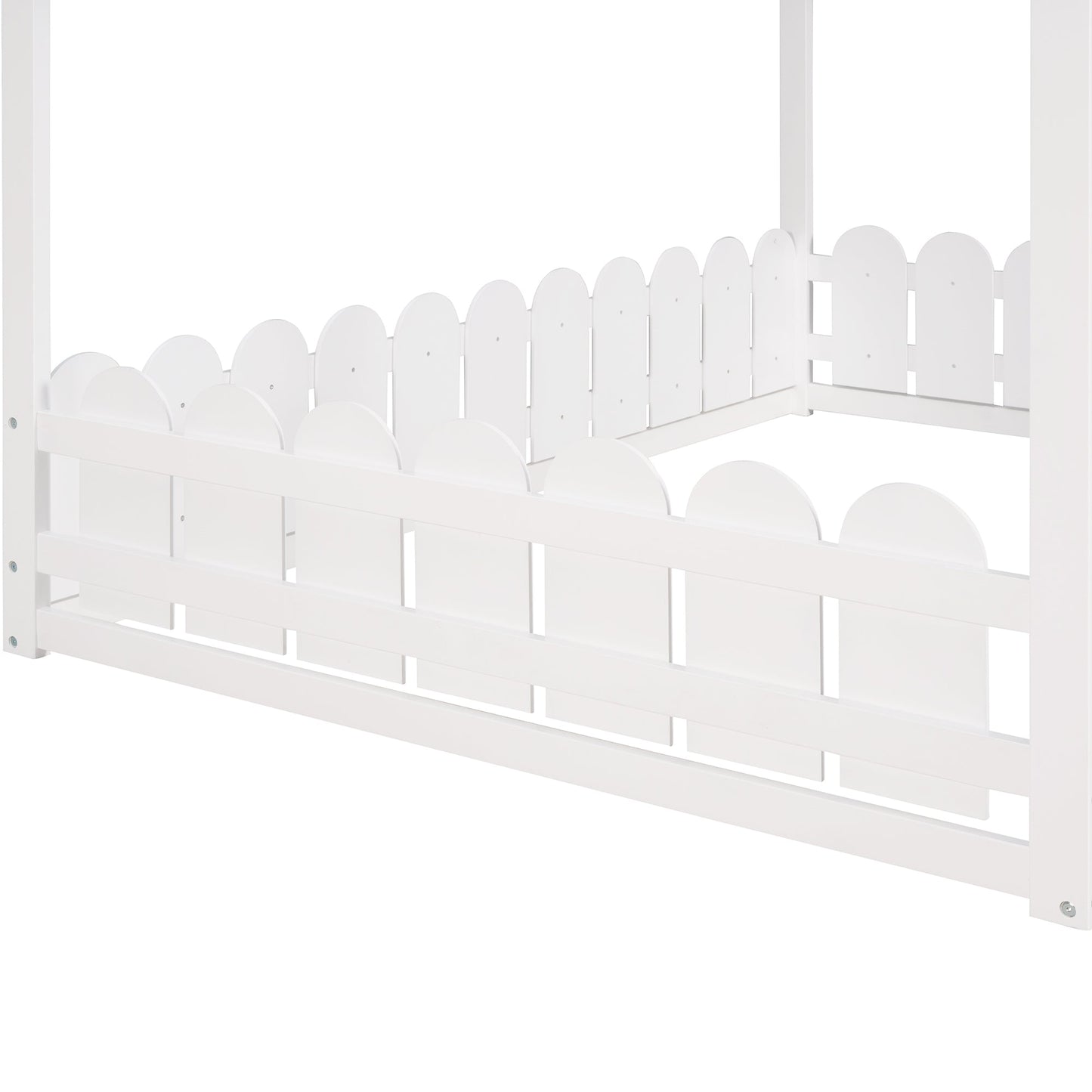 (Slats are not included) Full Size Wood Bed House Bed Frame with Fence for Kids Teens Girls Boys (White ) - Korvel