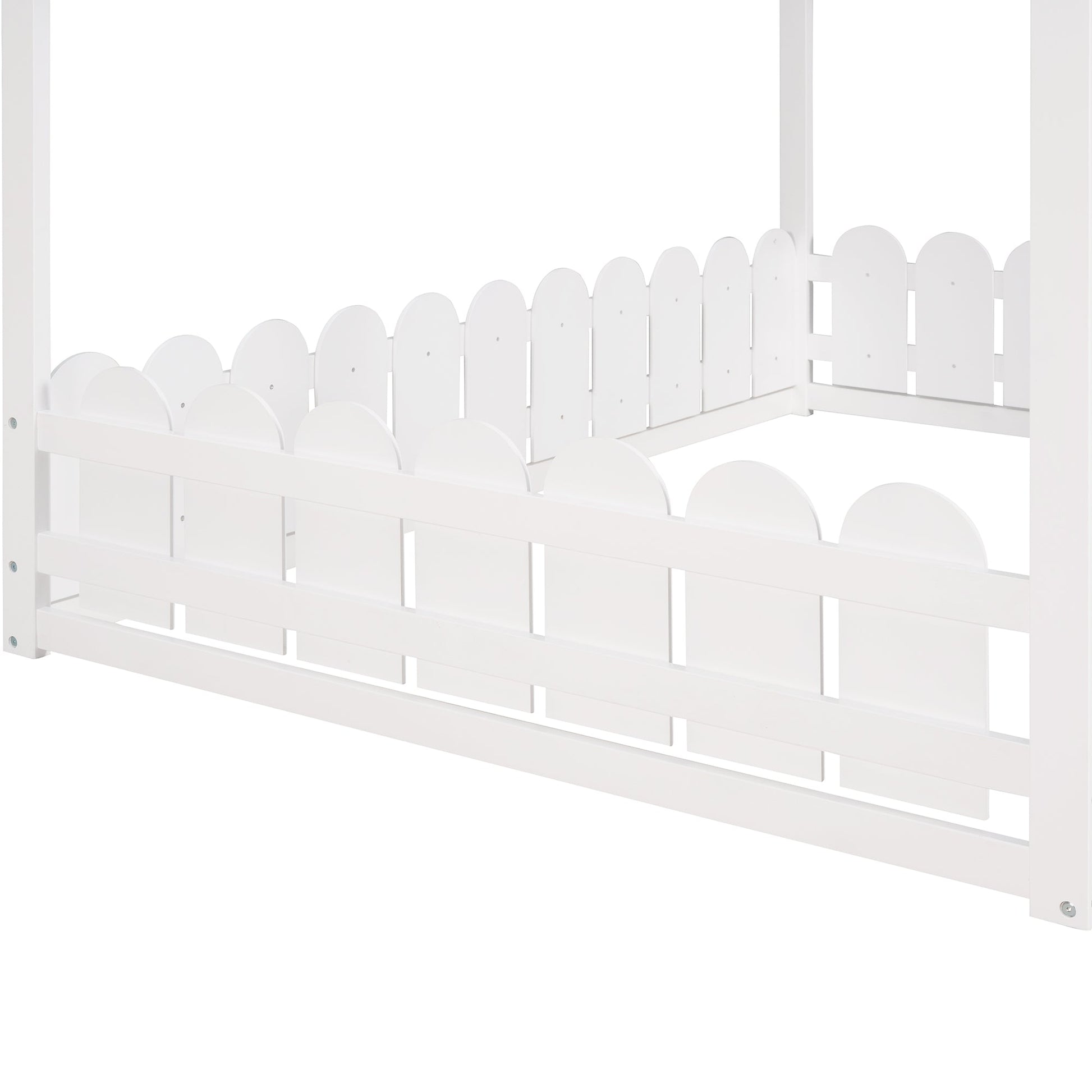(Slats are not included) Full Size Wood Bed House Bed Frame with Fence for Kids Teens Girls Boys (White ) - Korvel