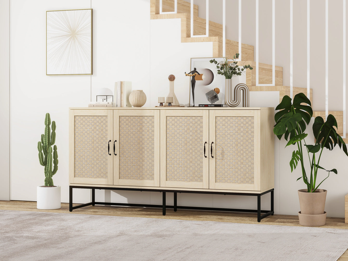 Buffet 4 Portes en Rotin - Cabinet de Rangement Élégant