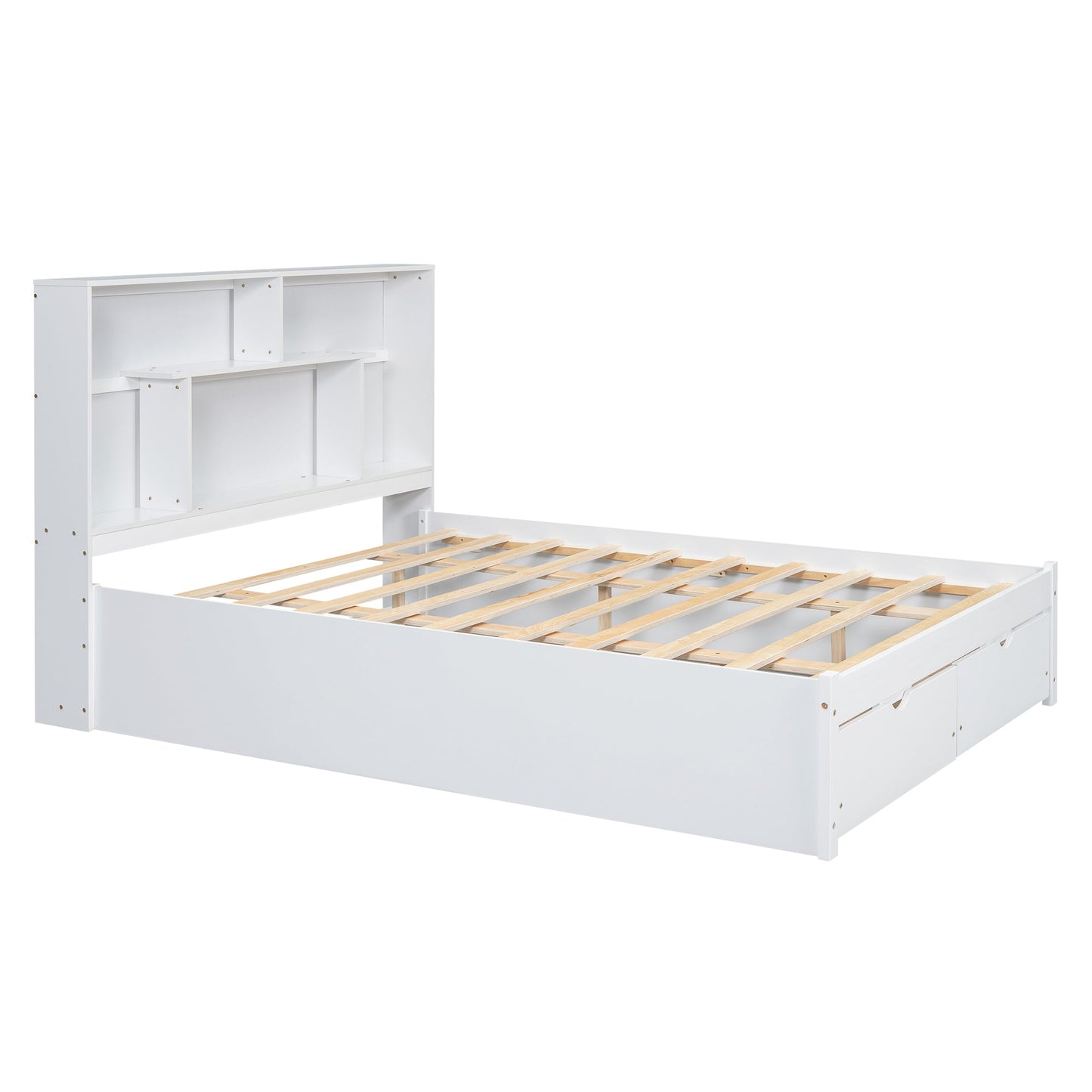 Elegant Queen Size Platform Bed with Storage Headboard, White