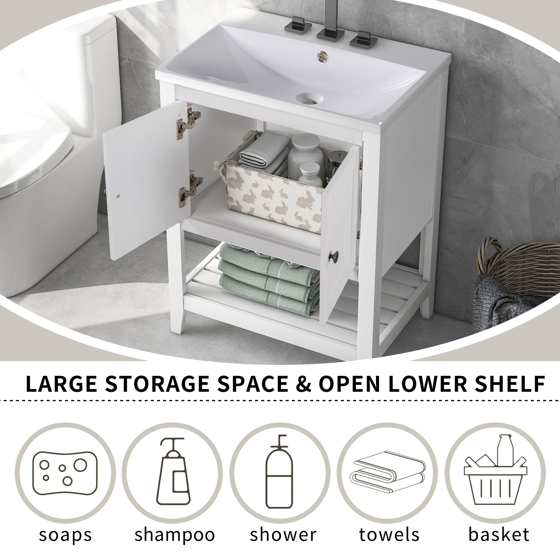 24" White Modern Sleek Bathroom Vanity Elegant Ceramic Sink with Solid Wood Frame Open Style Shelf - Korvel
