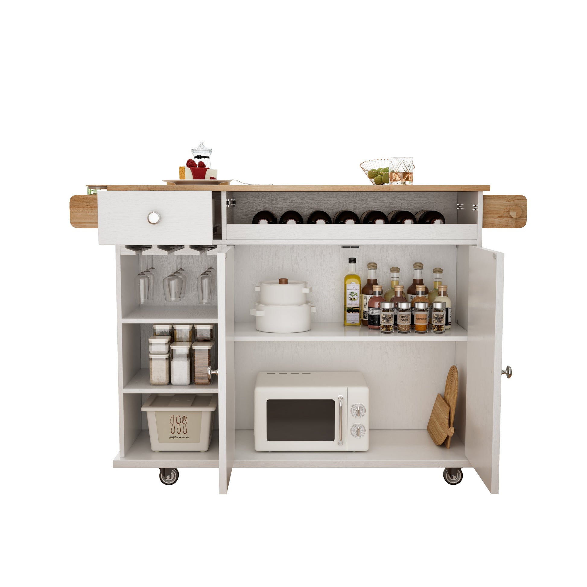 44 Inch Kitchen Island Cart with Solid Wood Top, Wine Storage, Spice Rack, Towel Rack, Wine Glass Holder White & Oak - Korvel