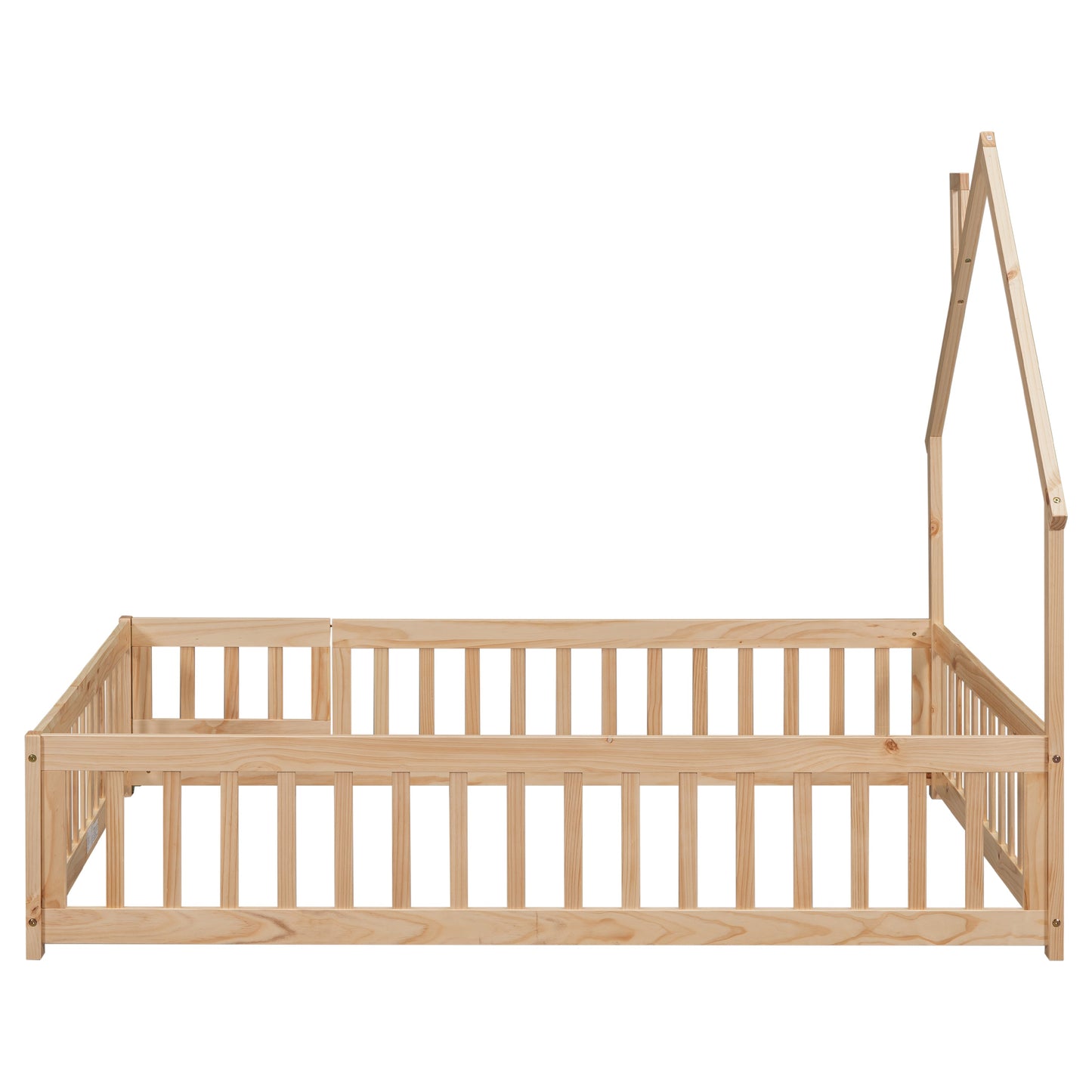 Full House-Shaped Headboard Floor Bed with Fence - Natural