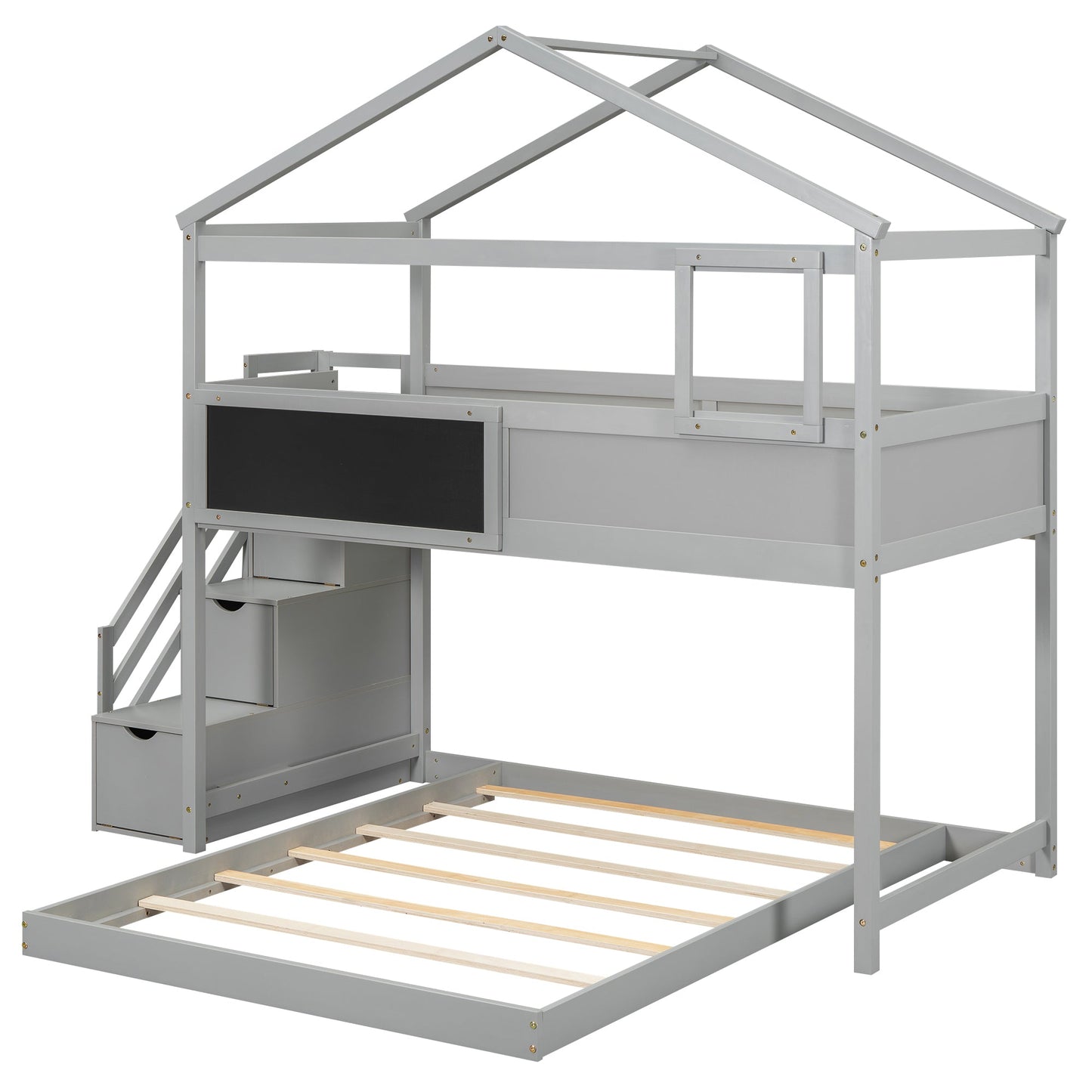 Twin over Full House Bunk Bed with Storage Staircase and Blackboard Gray - Korvel