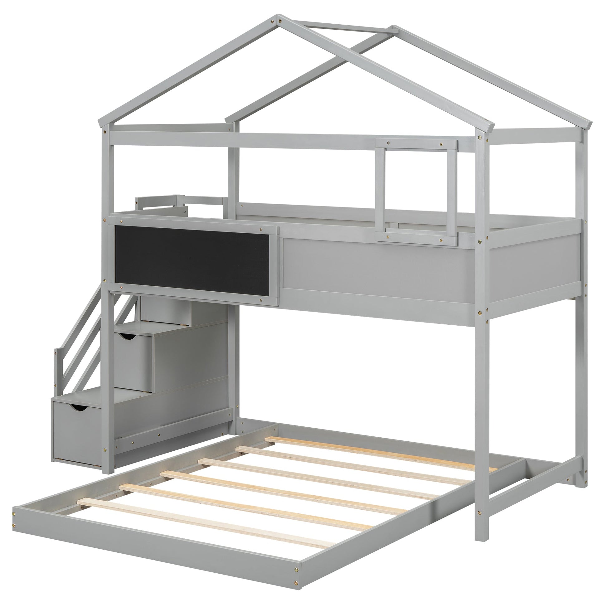 Twin over Full House Bunk Bed with Storage Staircase and Blackboard Gray - Korvel