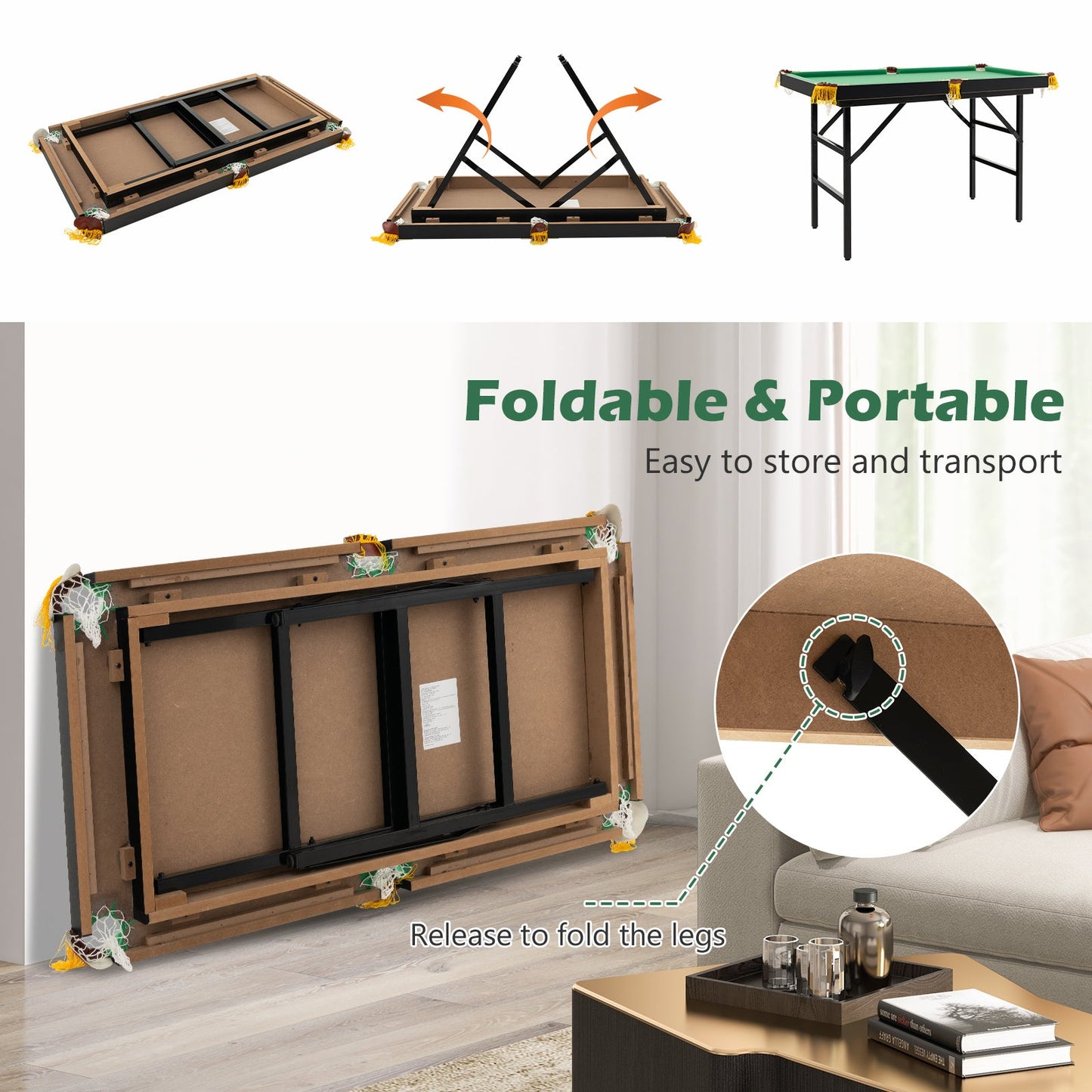 47 Inch Folding Billiard Table with Cues and Accessories - Green