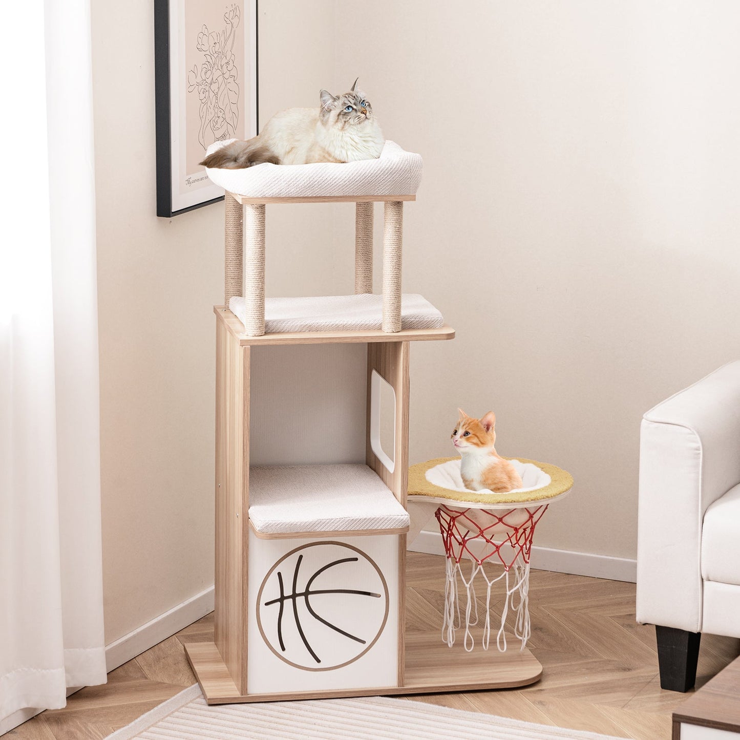 Arbre à chat en bois naturel de 47 pouces avec condo et hamac