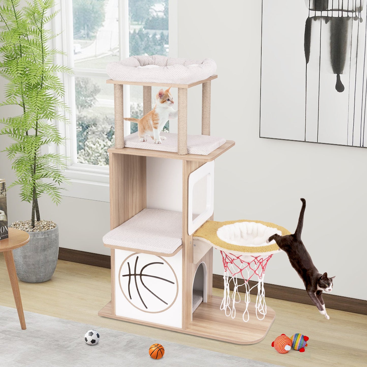 Arbre à chat en bois naturel de 47 pouces avec condo et hamac