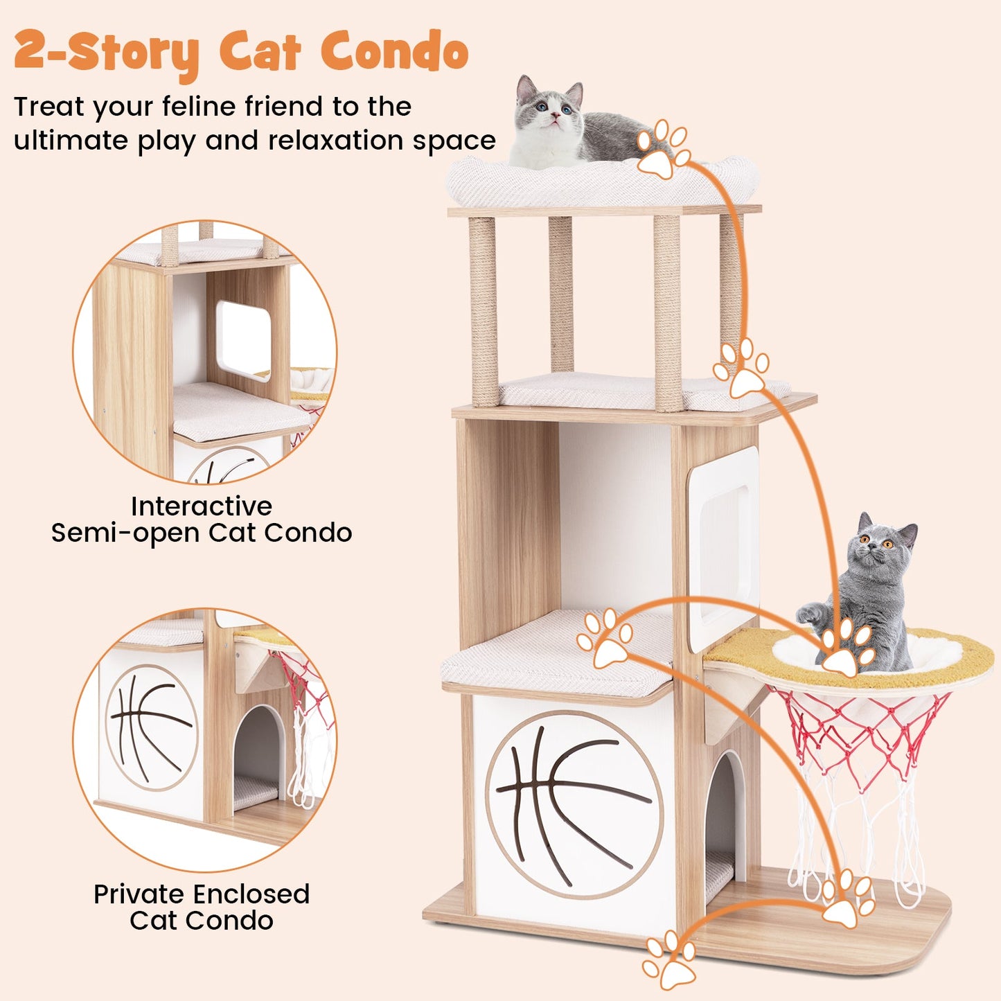 Arbre à chat en bois naturel de 47 pouces avec condo et hamac
