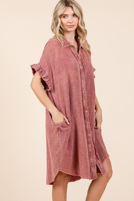 Mineral Wash Cotton Gauze Mini Shirt Dress for Women