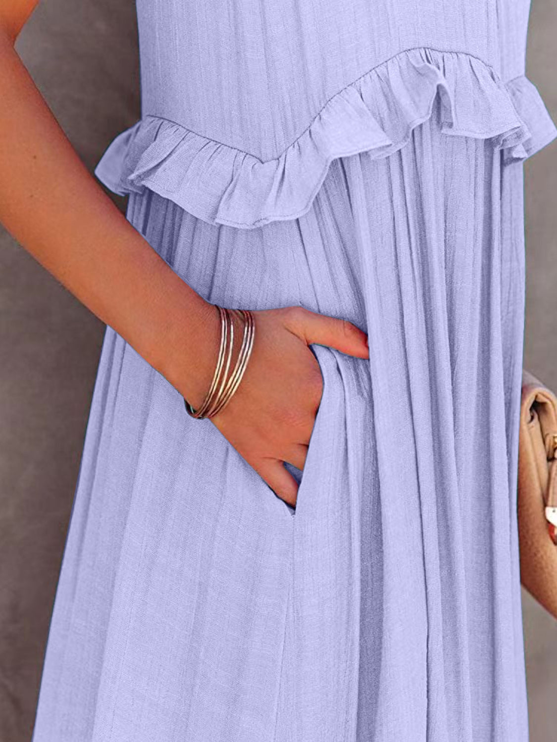 Elegant Ruffled Sleeveless Tiered Maxi Dress with Pockets
