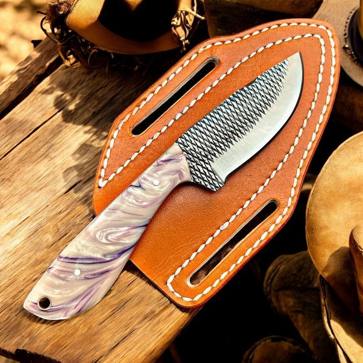 Custom Handmade Ranching Knife – Durable Rasp Steel Blade with Resin Grip & Leather Sheath - Korvel