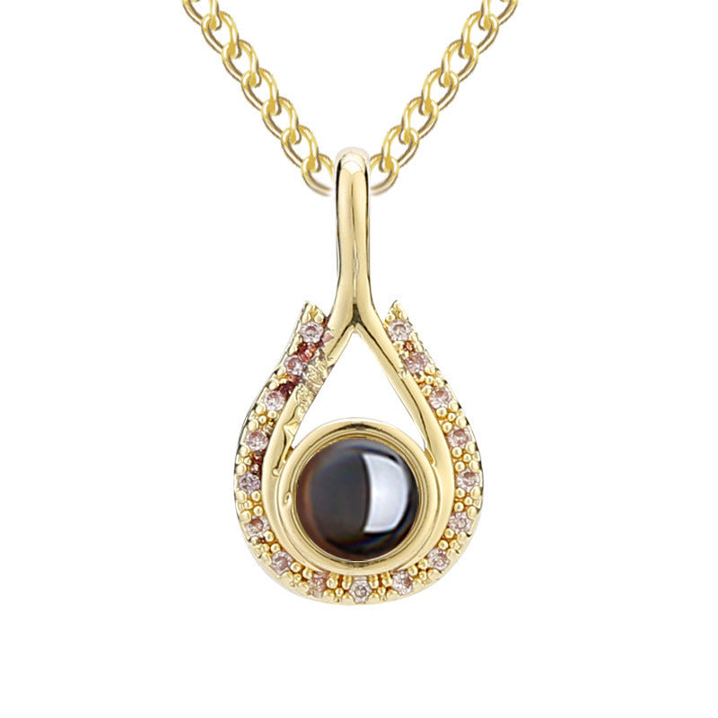 Waterdrop shaped fashion projection necklace with 100 languages. I love you. Color photos, customized lover accessories - Korvel