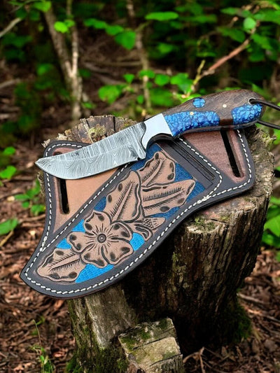 Premium Damascus Cowboy Knife with Cross Draw Sheath - Korvel