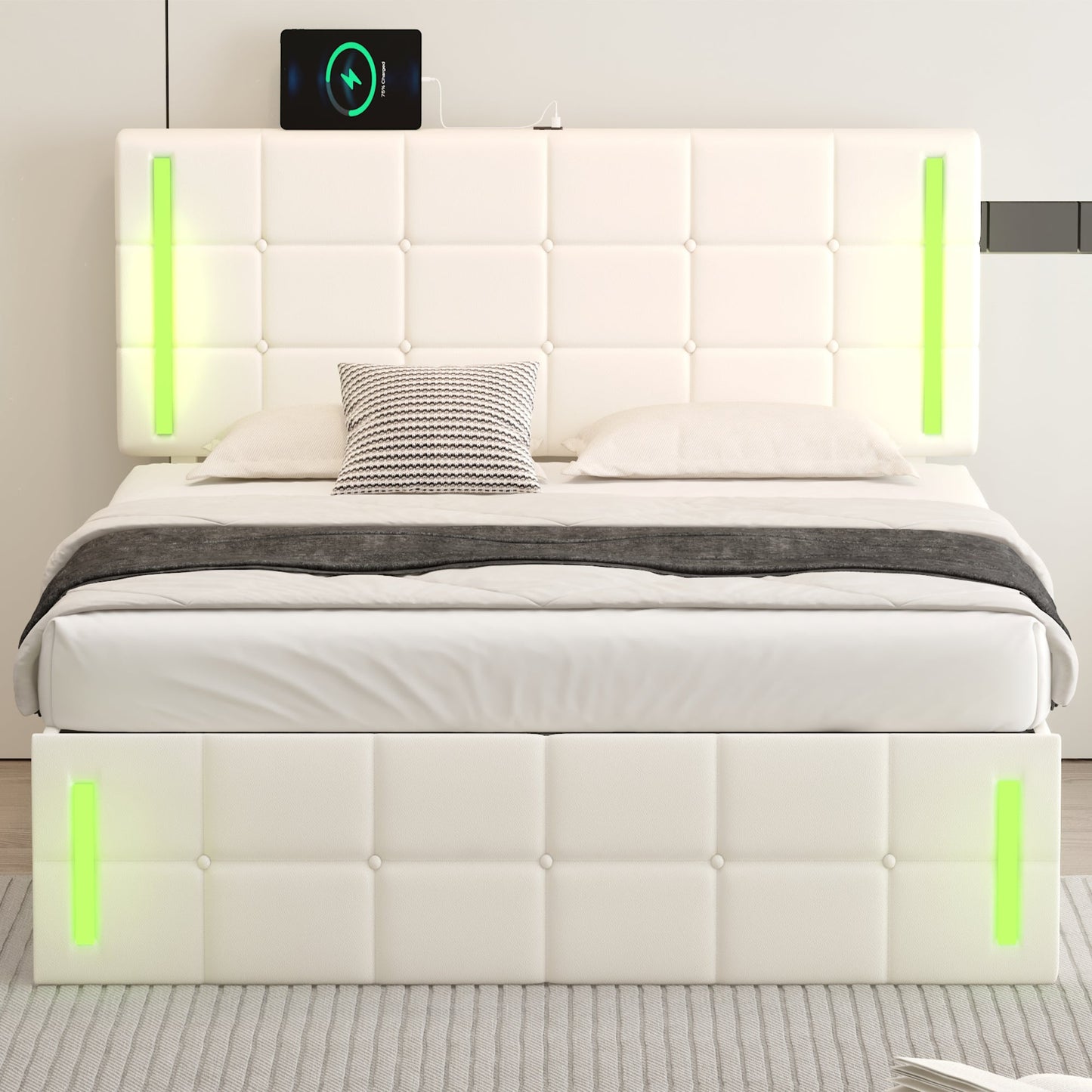 Full Size Upholstered Bed with LED Lights,Hydraulic Storage System and USB Charging Station,White - Korvel