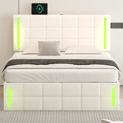 Full Size Upholstered Bed with LED Lights,Hydraulic Storage System and USB Charging Station,White - Korvel