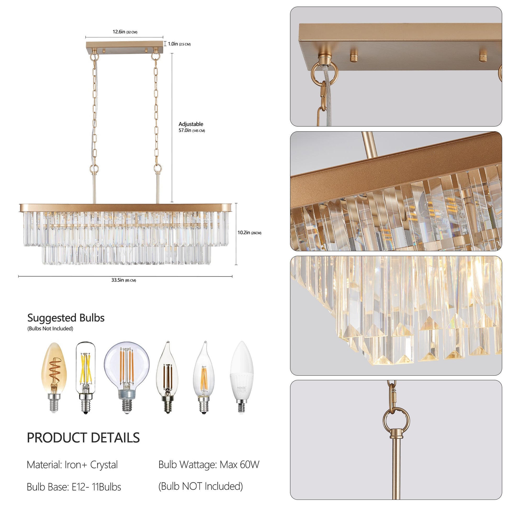 Chandeliers,Rectangular Crystal Chandelier Adjustable,E12 Modern Industrial Crystal Lights (Bulb Not Included) - Korvel