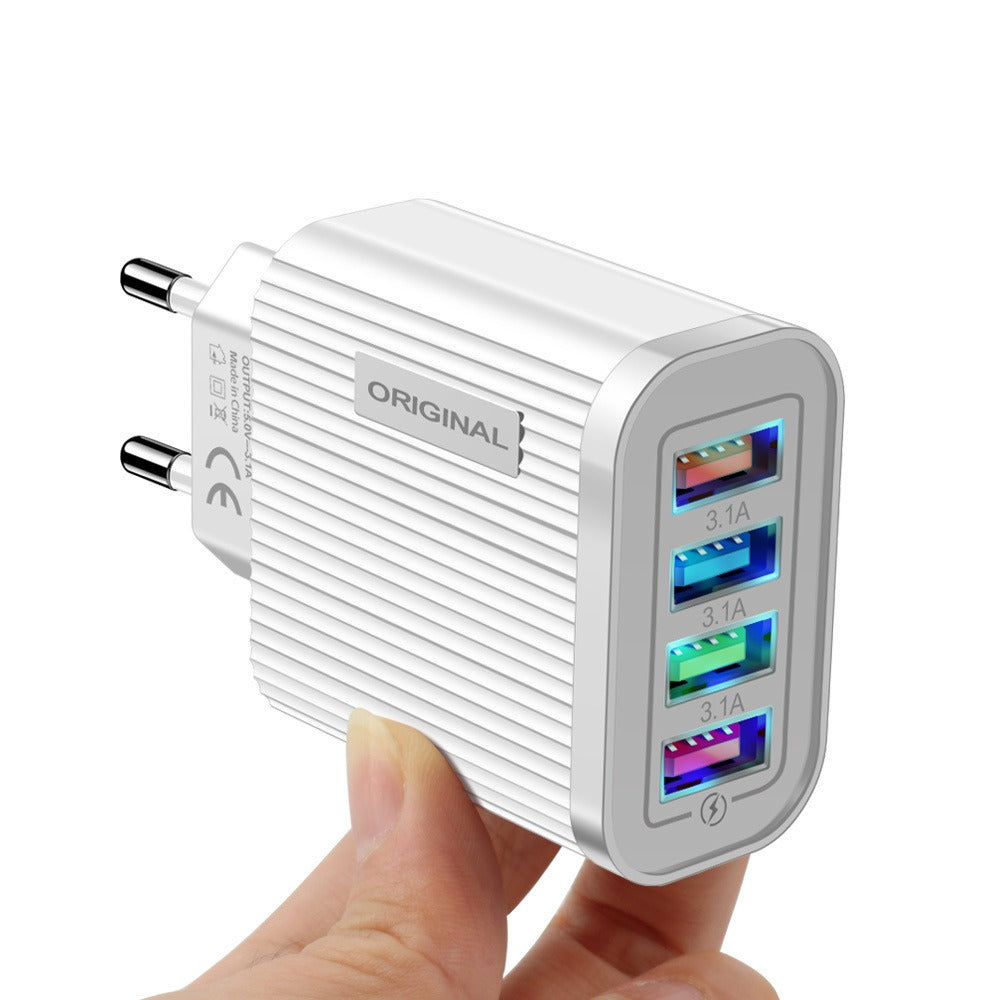 Luminous 4 USB mobile phone charging head, European and American standard travel charger, striped USB smart tablet charger - Korvel