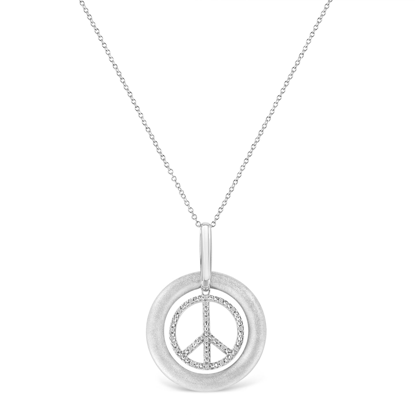 Matte Finish .925 Sterling Silver Diamond Accent Peace Sign Necklace