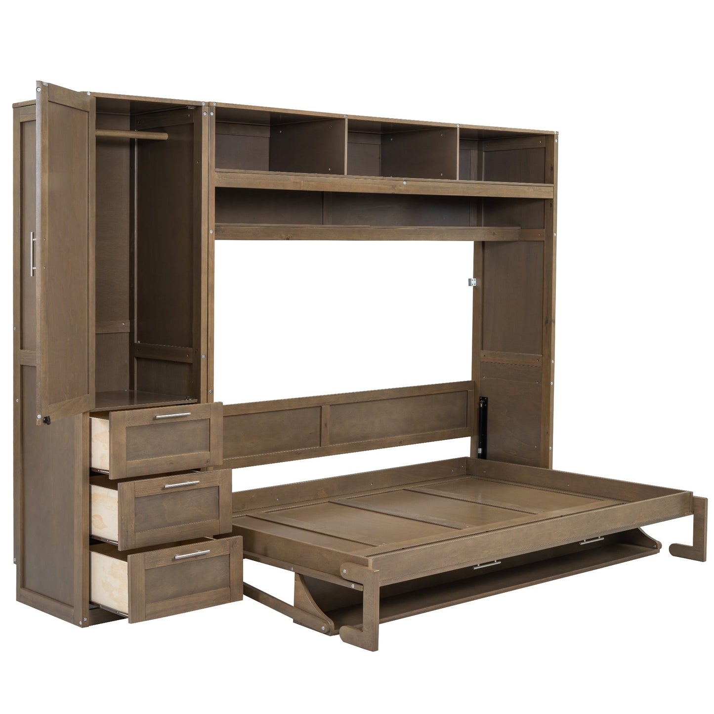 Full Size Murphy Bed with Wardrobe, Drawers and Open Shelves, Antique Grey - Korvel