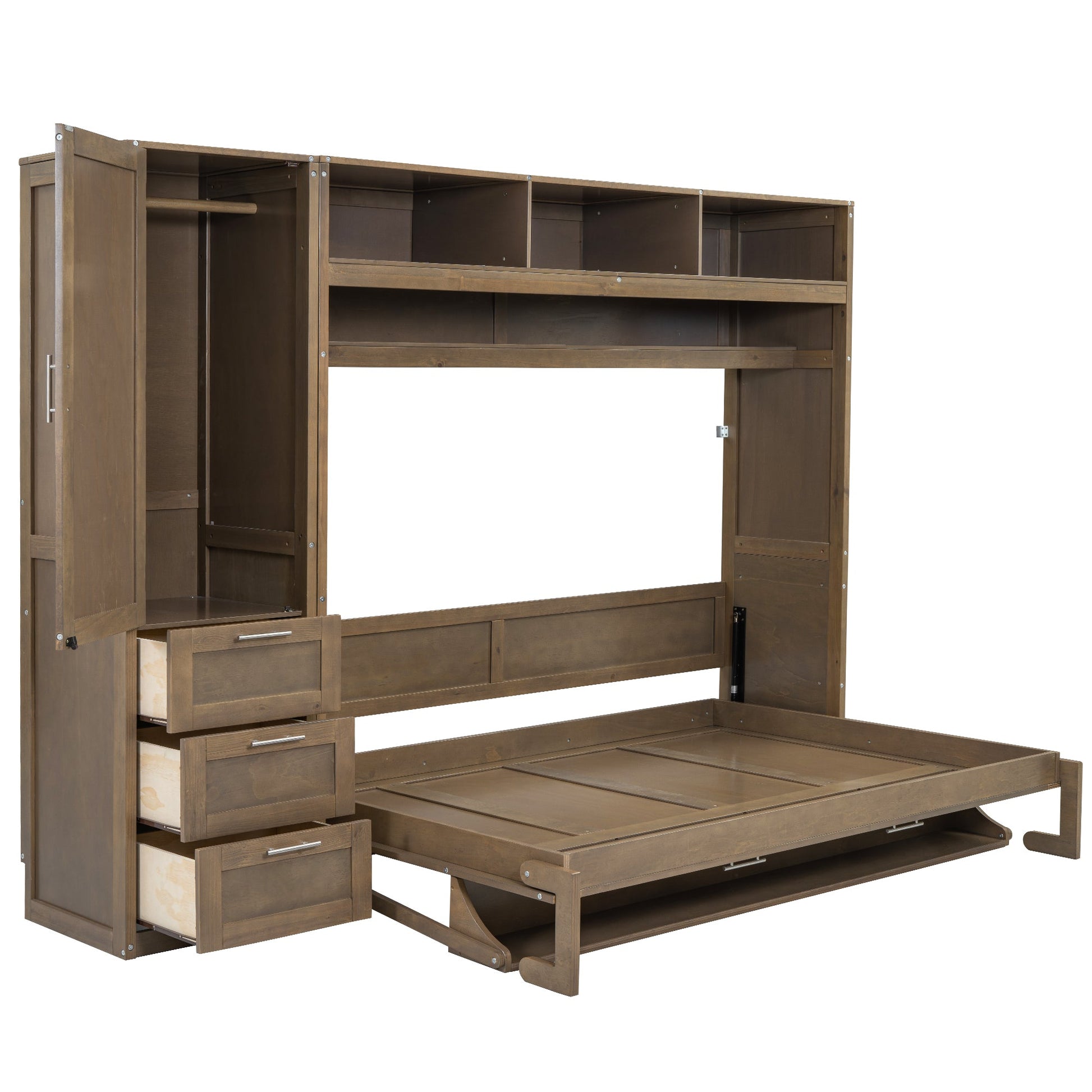 Full Size Murphy Bed with Wardrobe, Drawers and Open Shelves, Antique Grey - Korvel