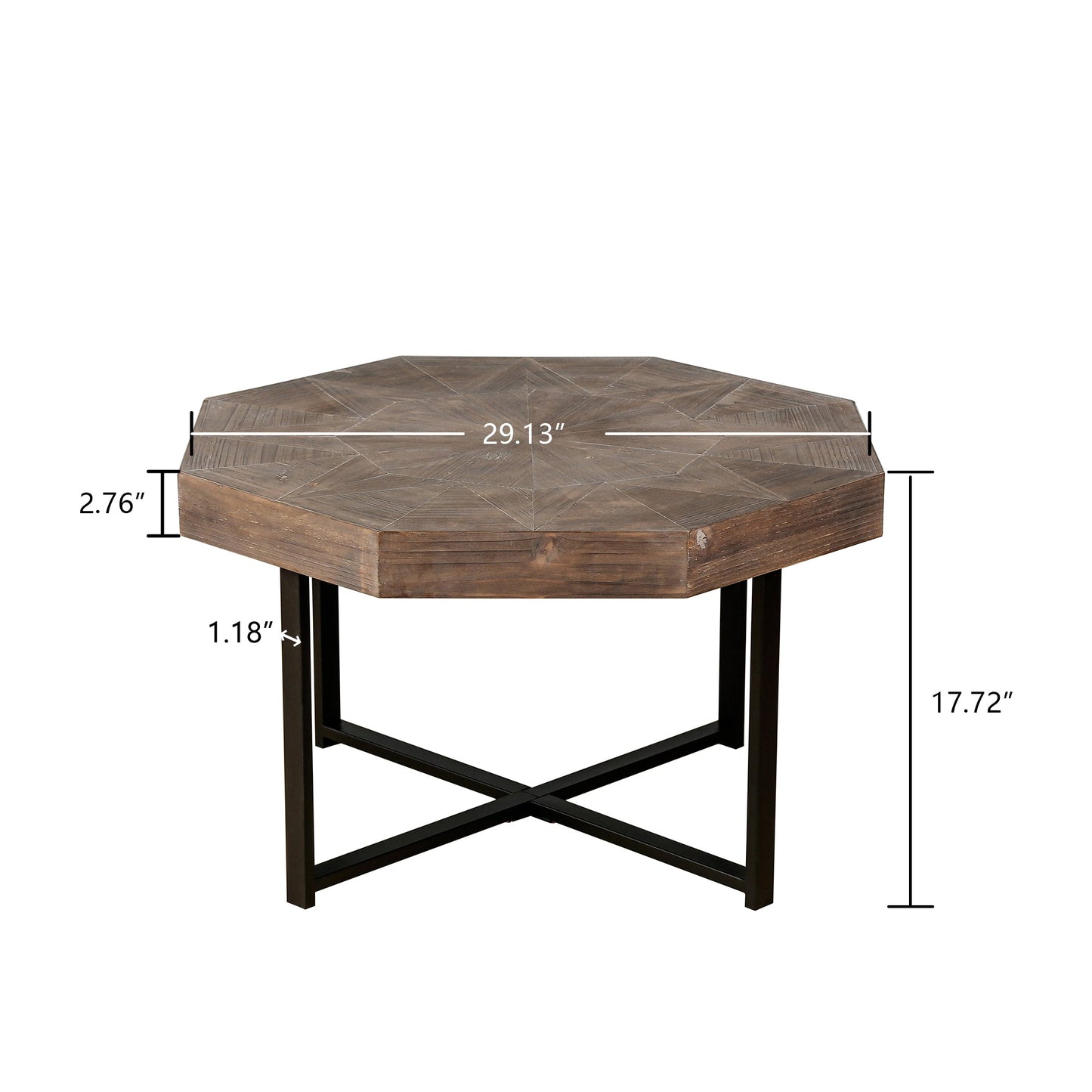 Mesa de café octagonal de madera marrón antigua con patas de metal
