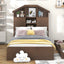 Twin Size Wood Platform Bed with House-shaped Storage Headboard and 2 Drawers Walnut - Korvel