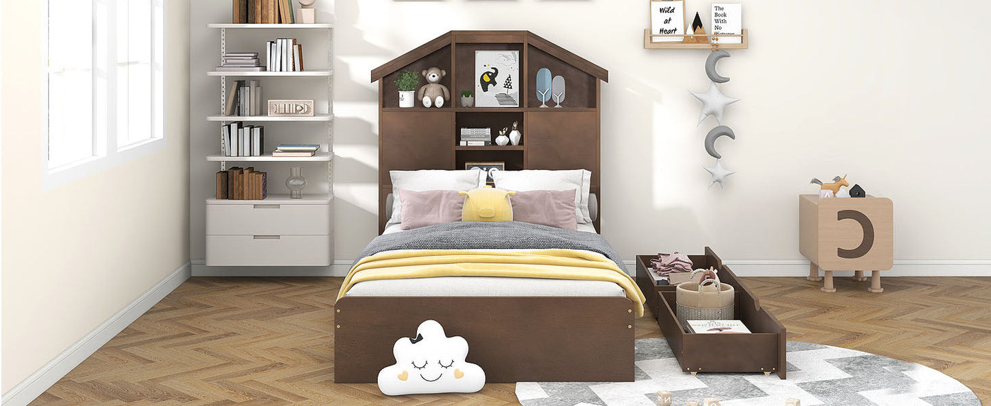 Twin Size Wood Platform Bed with House-shaped Storage Headboard and 2 Drawers Walnut - Korvel