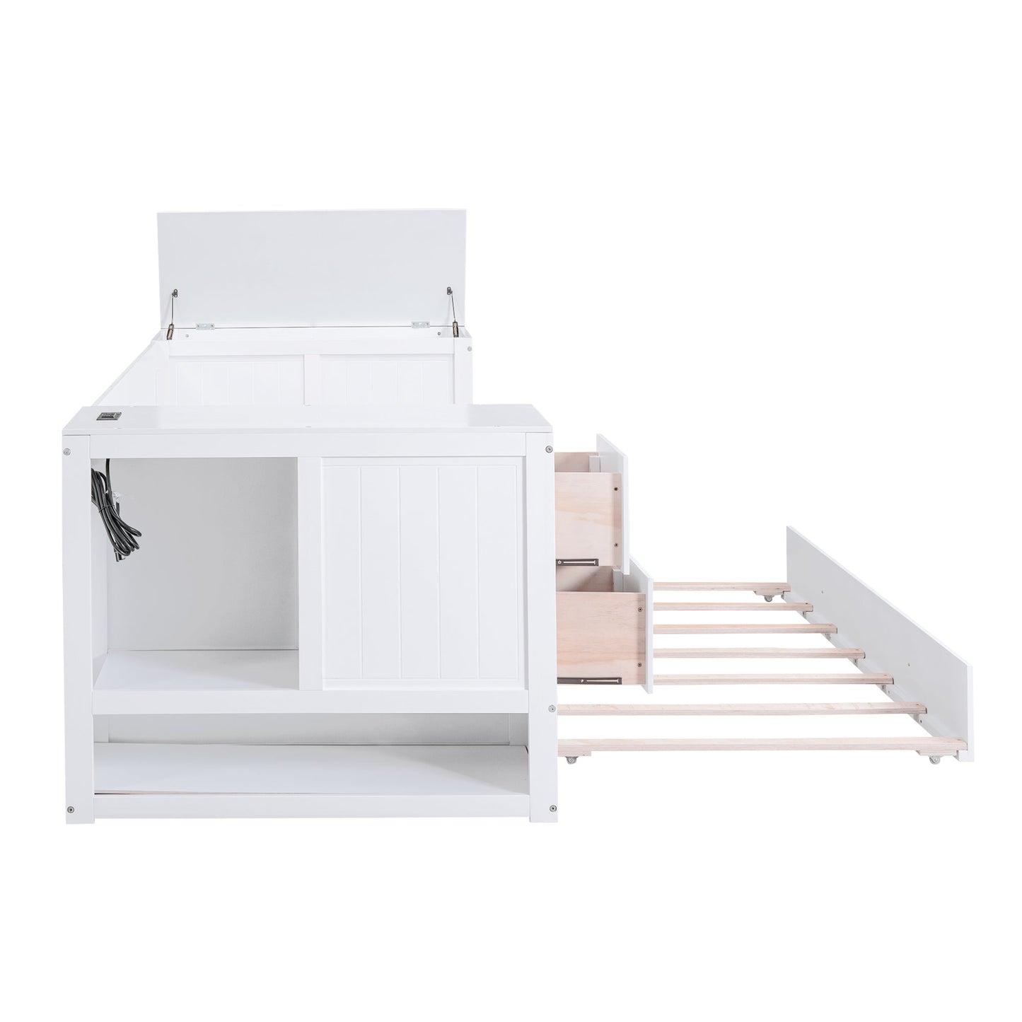 Twin Size Daybed with Storage Arms  Trundle and Charging Station White - Korvel
