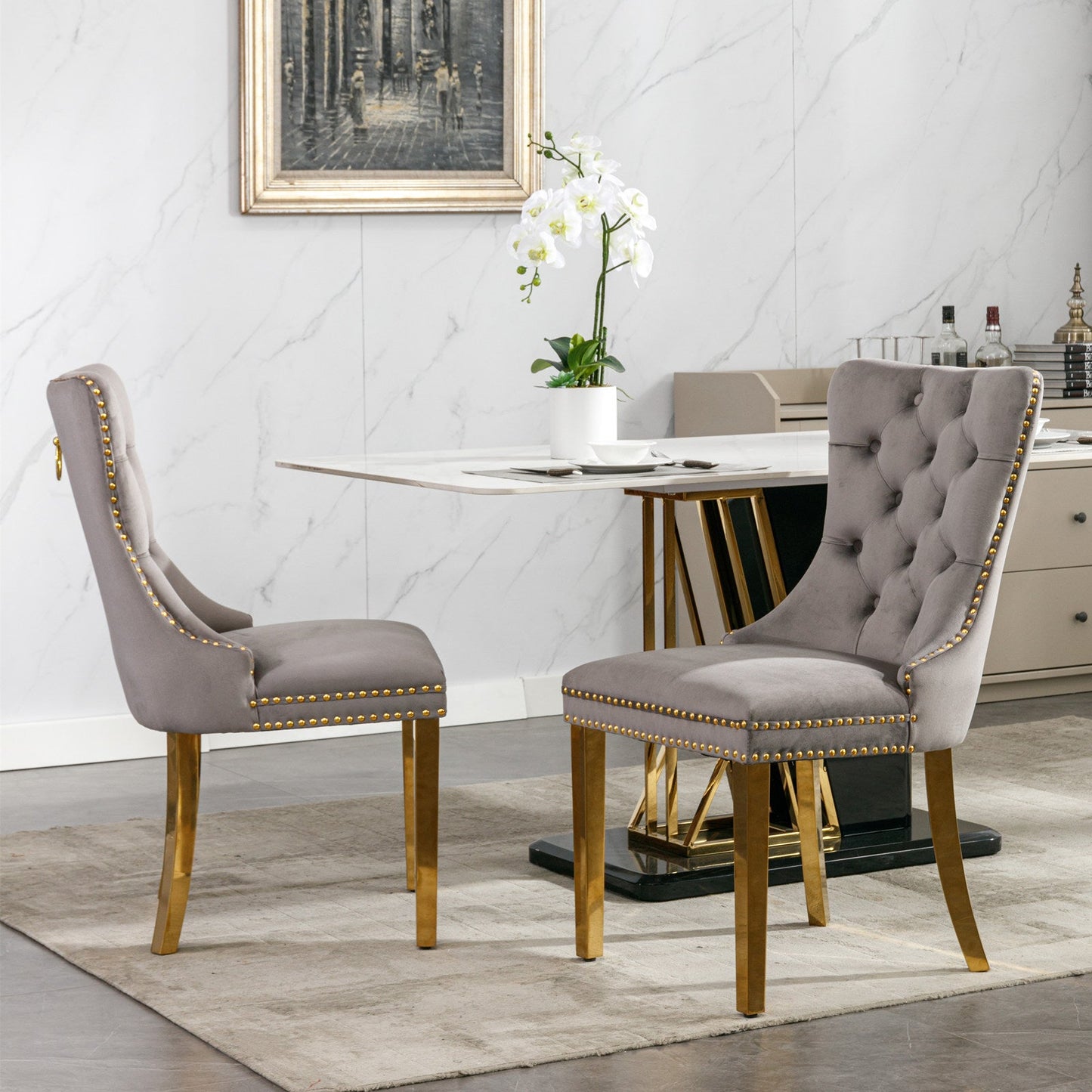 Tufted solid wood velvet cushioned dining chair, gold-plated stainless steel nail leg heads, 2 pieces in gray and gold - Korvel