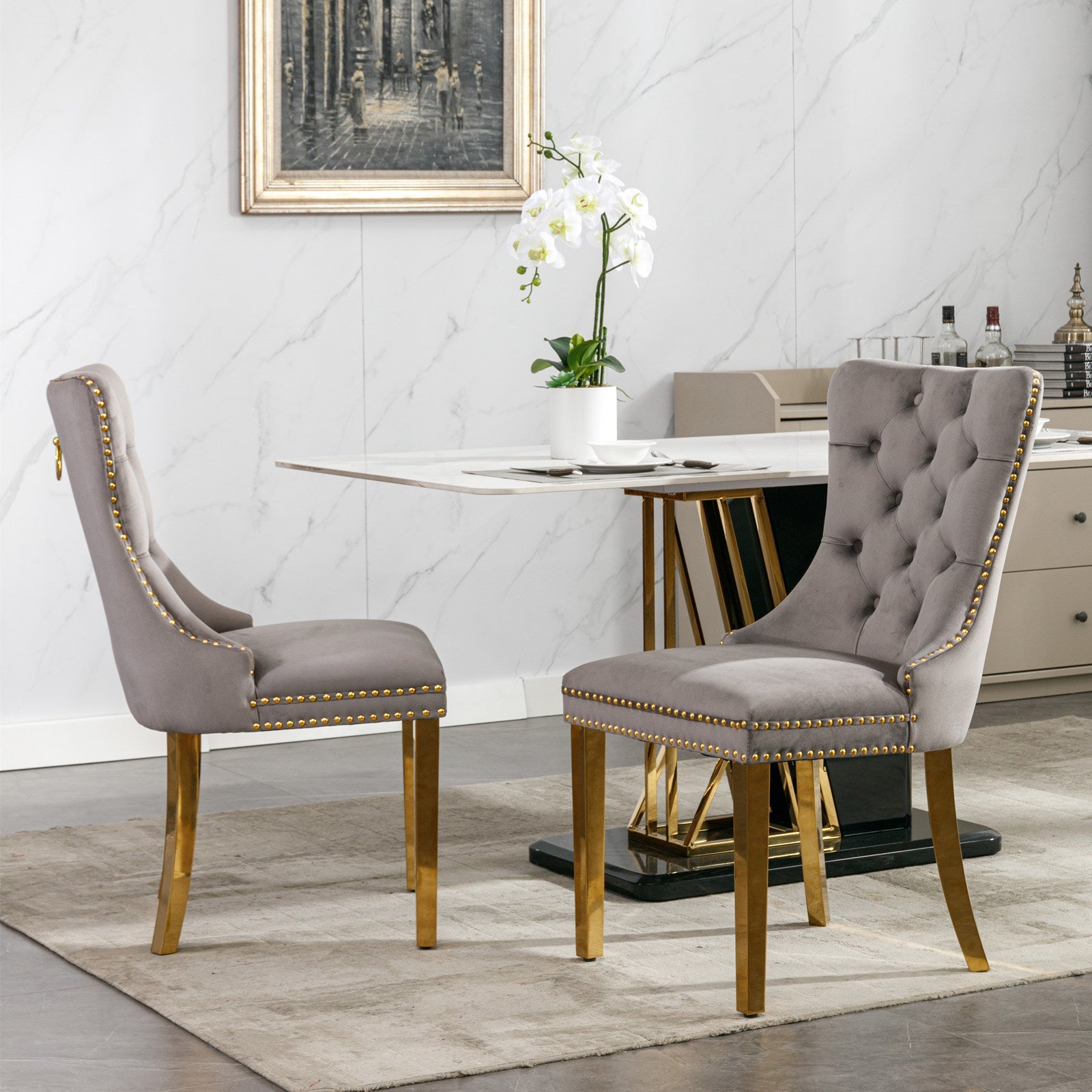 Tufted solid wood velvet cushioned dining chair, gold-plated stainless steel nail leg heads, 2 pieces in gray and gold - Korvel