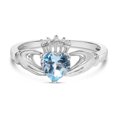 Bague Claddagh en Argent Sterling avec Topaze Bleue en Forme de Cœur
