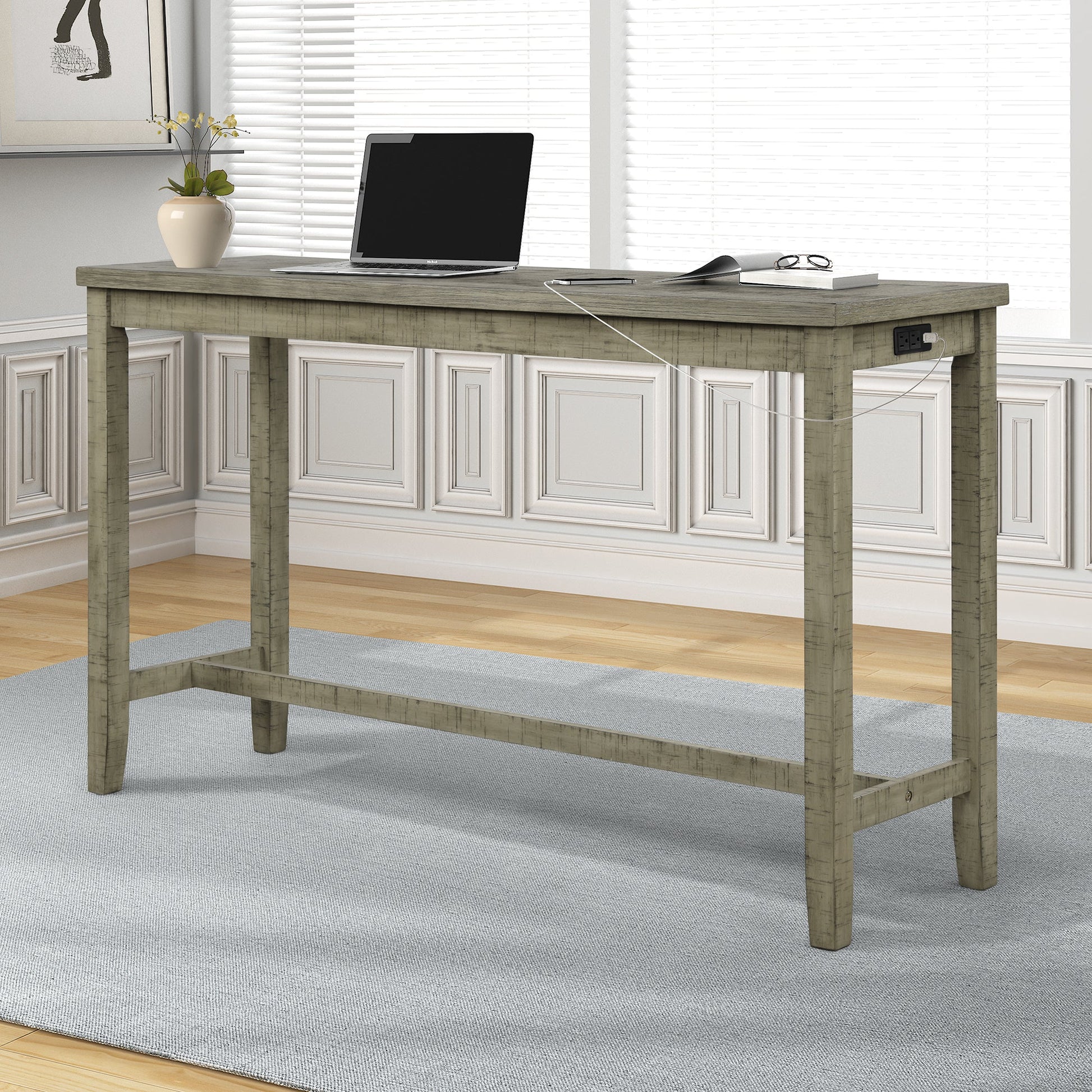 TOPMAX 4 Pieces Counter Height Table with Fabric Padded Stools,Rustic Bar Dining Set with Socket,Gray Green - Korvel