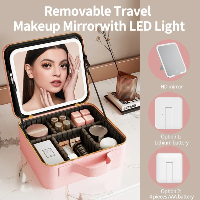 Light Up Box Vanity Organizer Portable Makeup Bag Mirror With Led Light - Korvel