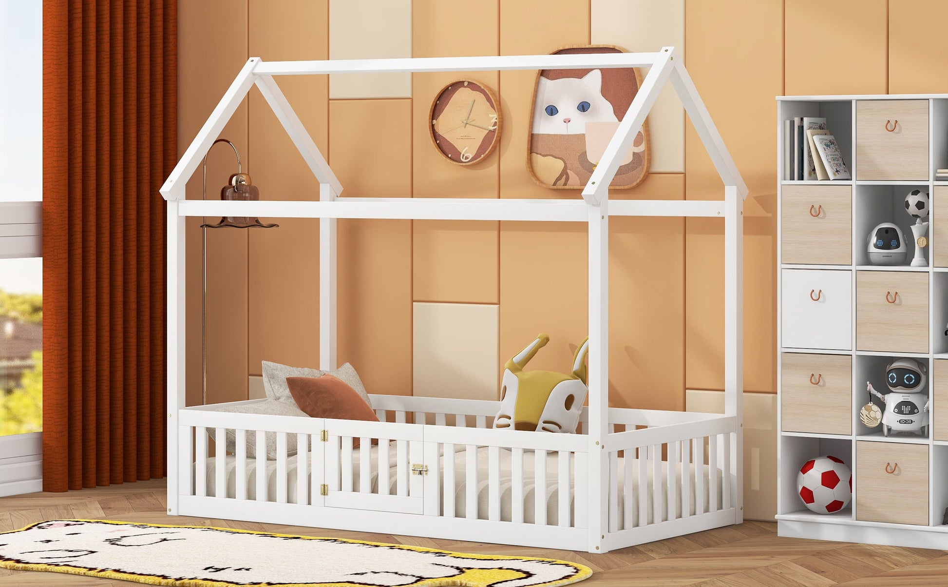 Twin Size Wood House Bed with Fence and Door, White - Korvel