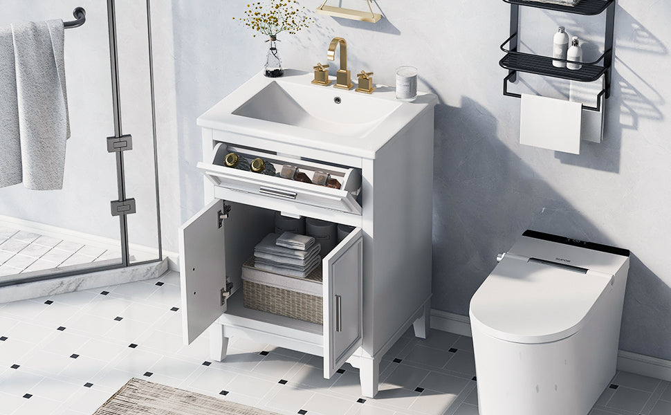 24" Bathroom Vanity with Sink, Bathroom Vanity Cabinet with One Flip Drawer and Doors, Solid Wood and MDF, White - Korvel