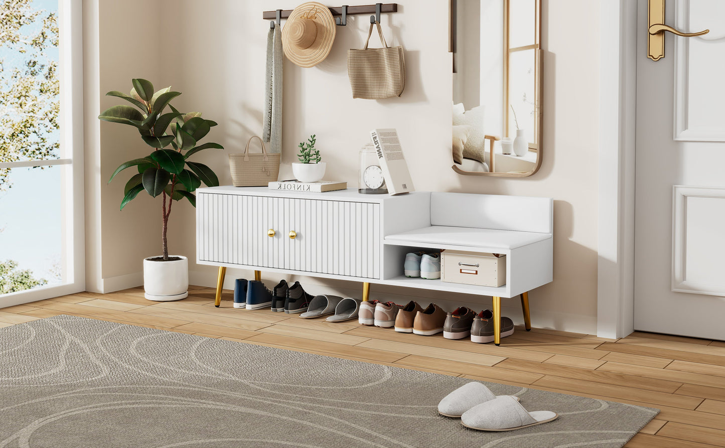 Banc de rangement pour chaussures blanc moderne avec rangement caché