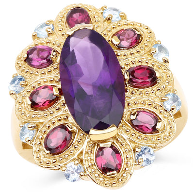 Bague cocktail en plaqué or jaune 14K avec améthyste et topaze