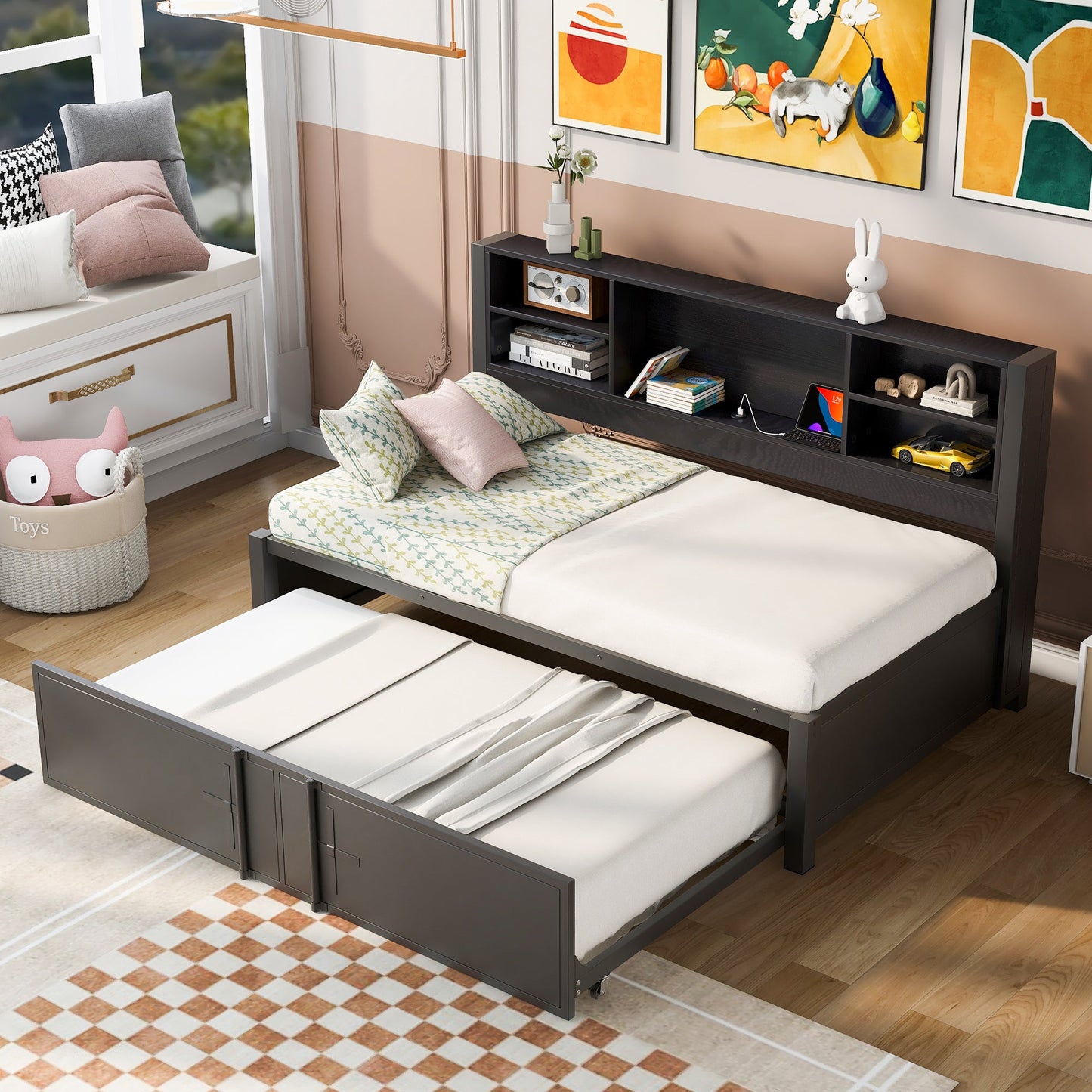 Metal Twin Size Daybed with Trundle, Storage & USB Ports - Black