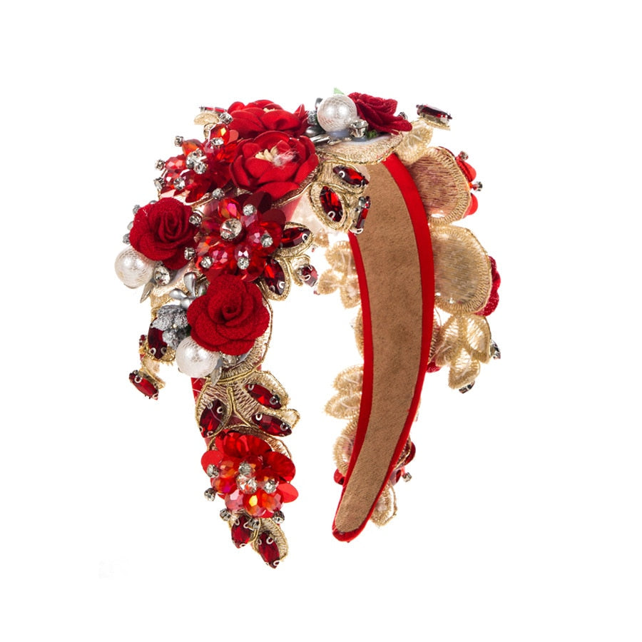 Luxury Baroque Rhinestone Pearl Flower Headband Fashion Hair Accessories For Women Trendy Party Hairband Hair Band Girl Headwear - Korvel