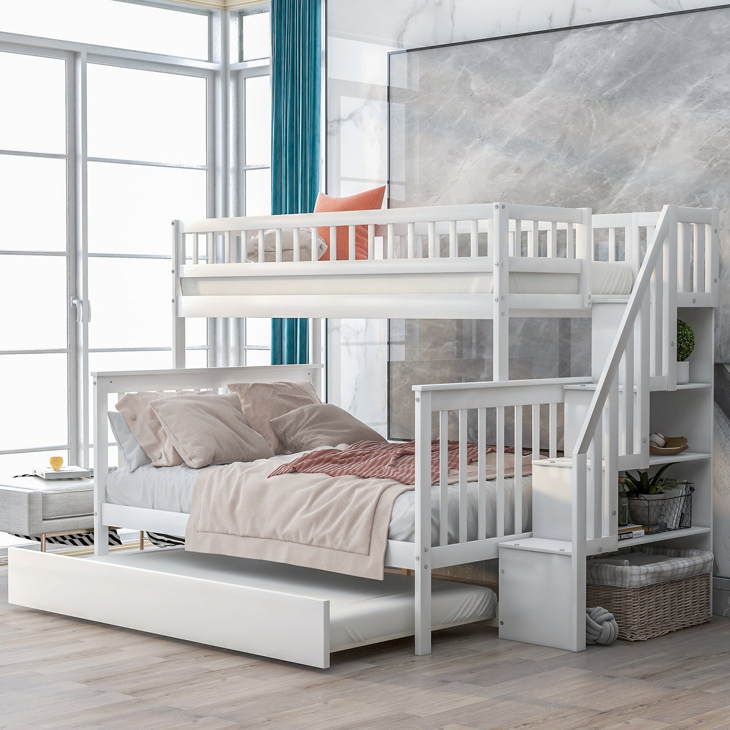 Elegant Twin over Full Bunk Bed with Trundle and Staircase - White