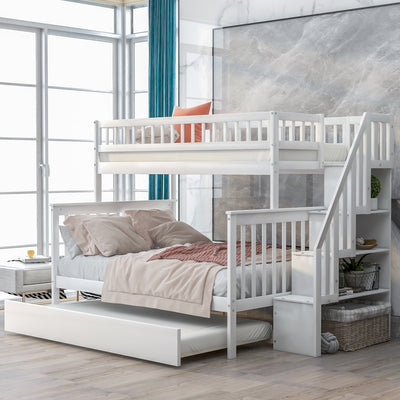 Elegant Twin over Full Bunk Bed with Trundle and Staircase - White