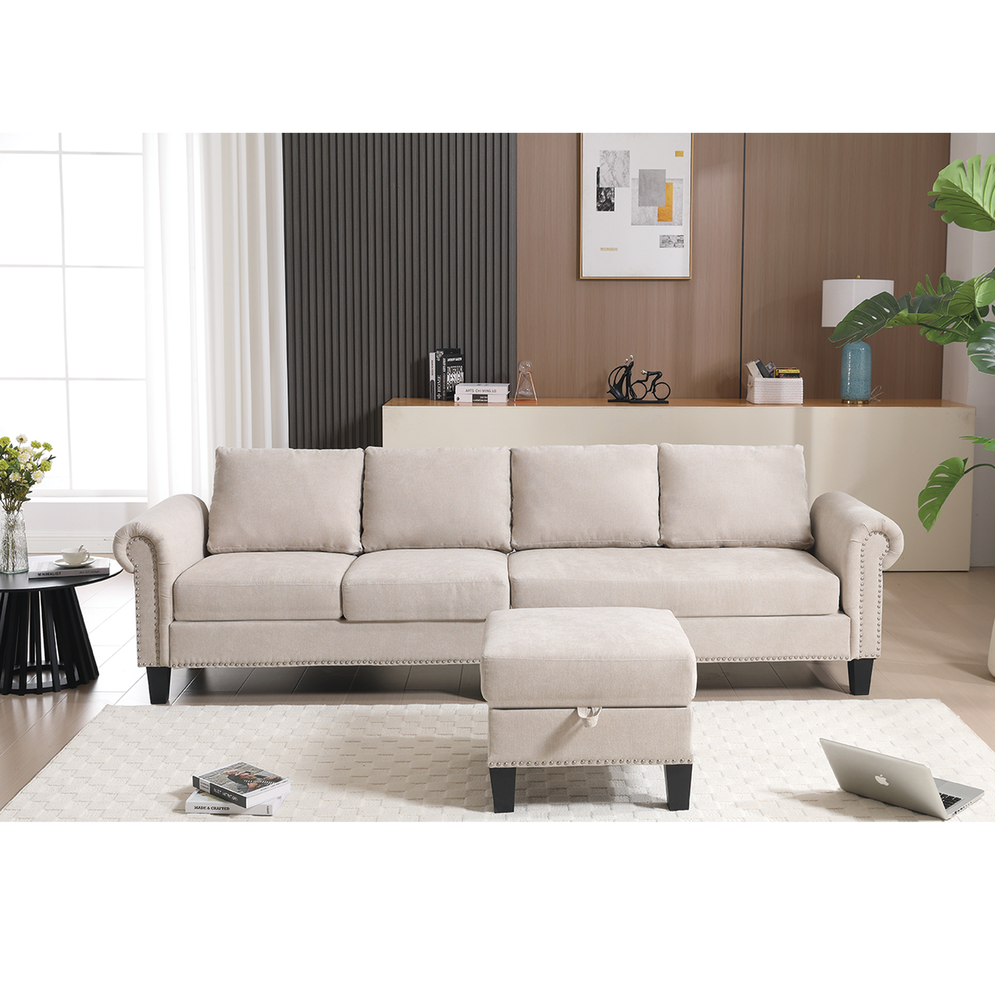 Sofá Seccional Convertible en Forma de L con Almacenamiento - Beige