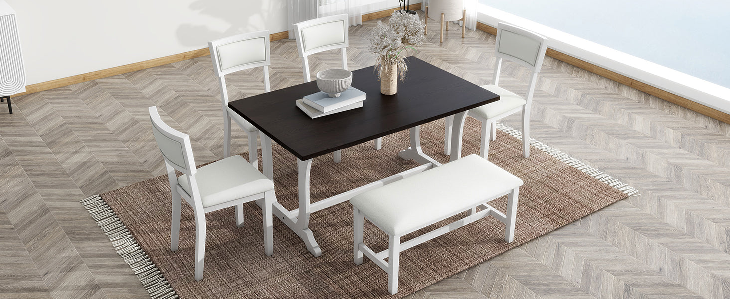 TOPMAX Farmhouse 6-Piece Trestle Dining Table Set with Upholstered Dining Chairs and Bench  59inch, White - Korvel